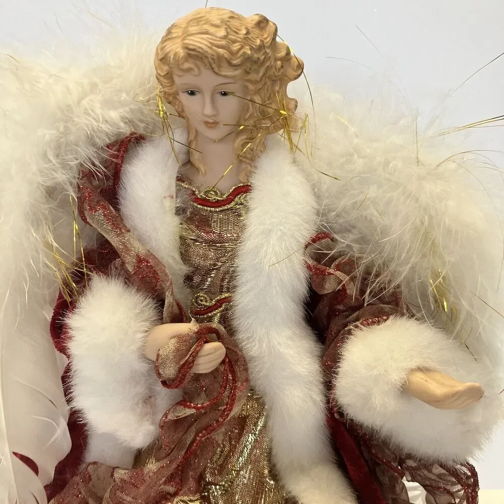 Angel Tree Topper Porcelain Head Christmas Red Gold 13